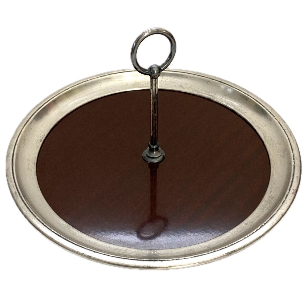 Vintage Cresent Barware Tray with handle MCM Walnut Formica Silverplated